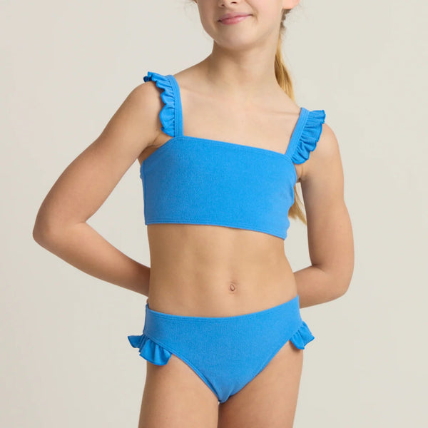 Girls Deep Sea Blue Terry Ruffle Strap Bandeau Bikini