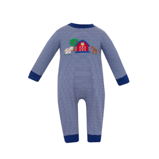 Boy's Navy Blue Knit Stripe Long Romper, LS, Farm