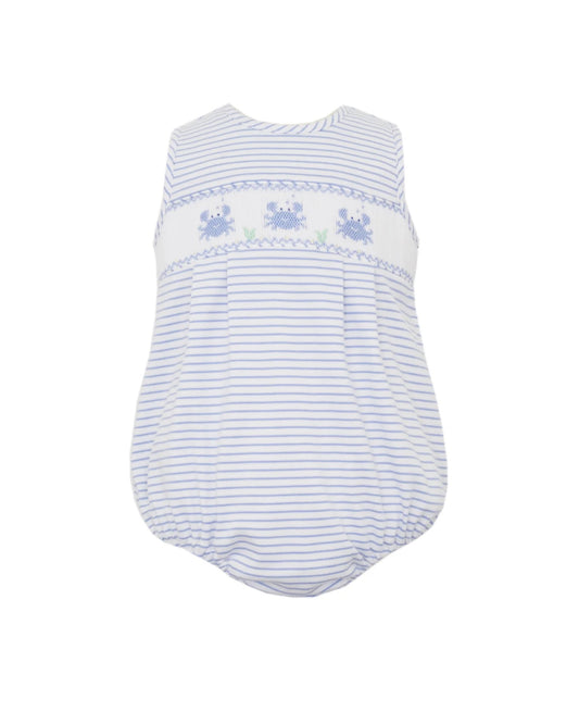 Blue Stipe Knit Sunbubble with Smocked Crabs