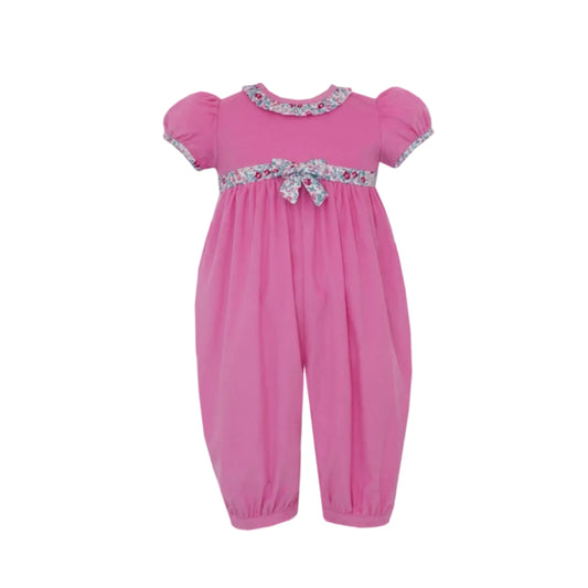Pink Corduroy Girl's Long Romper w/ Pink Floral Trim