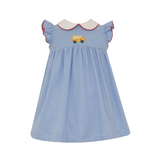 School Bus Girls- Periwinkle Knit Stripe Dress w/ Ruffle Sleeves