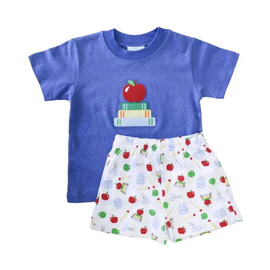 Blue Stacked books & Apple Tee Shirt with School Days Shorts