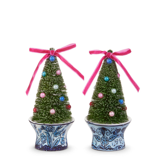 6" Bottle Brush Trees In Chinoiserie Pot Ornament