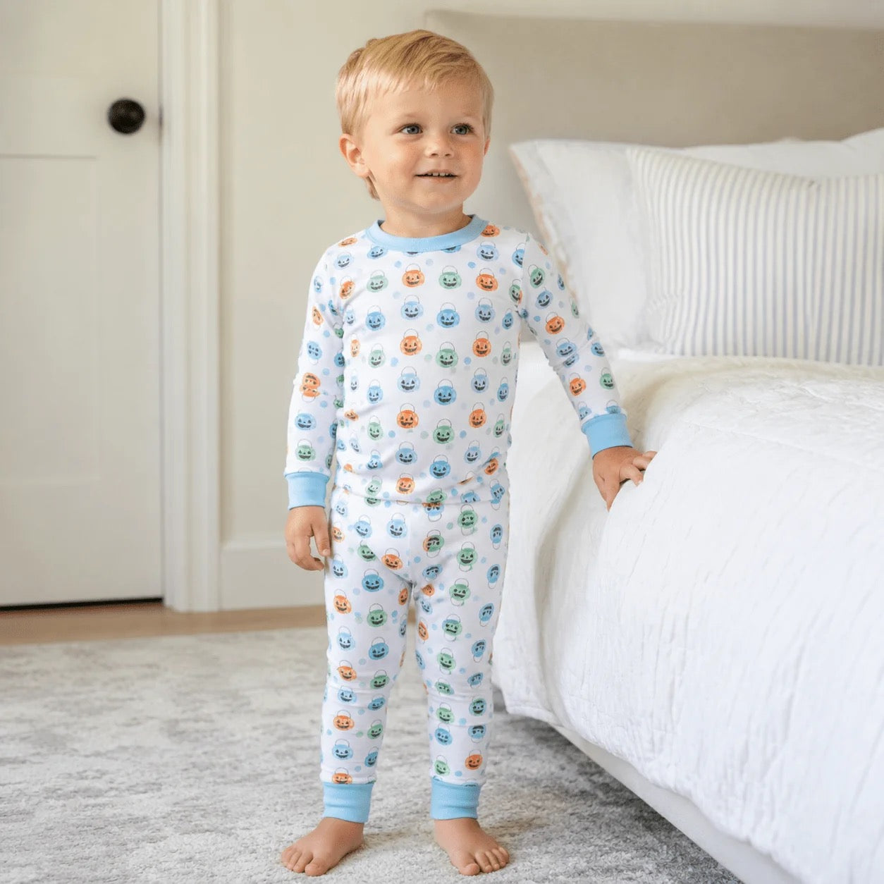 Pumpkin Party Long Pajamas- Light Blue