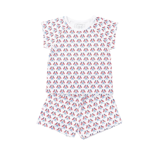 Emery Girls' Short Set- Stars, Stripes, and Bows