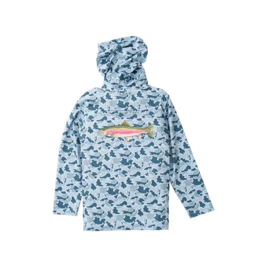 Boy's Pro Performance Hoodie T-shirt in Coastal Blues Camo with Rainbow Trout Art