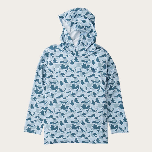 Boy's Pro Performance Hoodie T-shirt in Coastal Blues Camo with Rainbow Trout Art