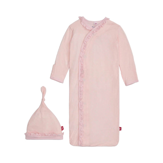 Pin Dot Pink Ruffle Modal Magnetic Cozy Sleeper Gown + Hat Set
