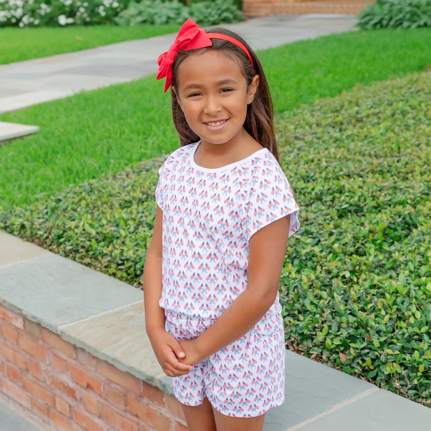 Emery Girls' Short Set- Stars, Stripes, and Bows