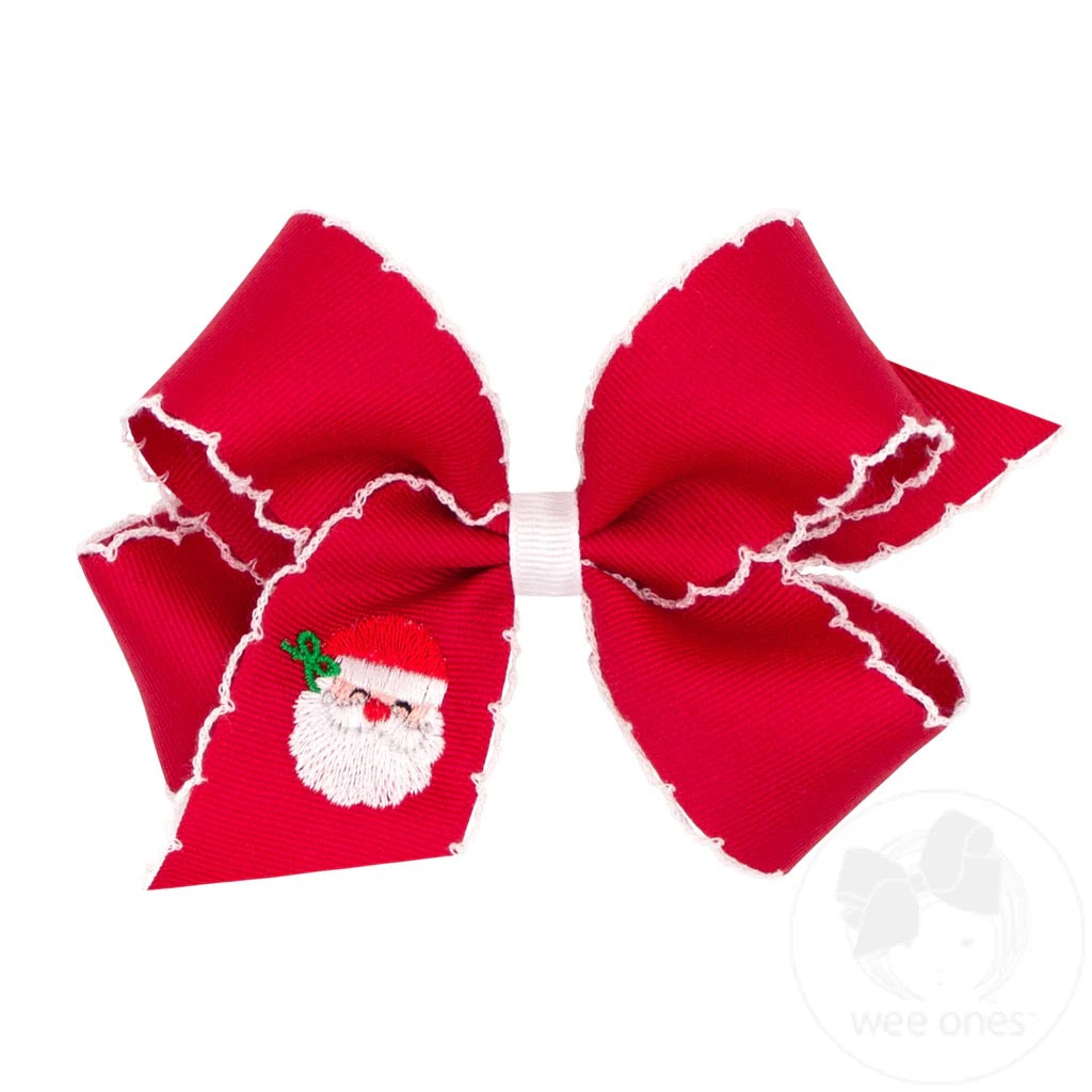 King Red Grosgrain Hair Bow with Moonstitch Edge and Santa Embroidery