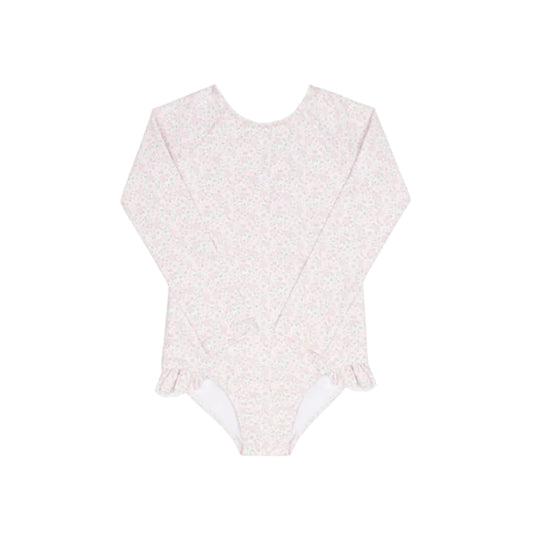 Girls Antique Floral Ruffle Sleeve Rashguard One Piece