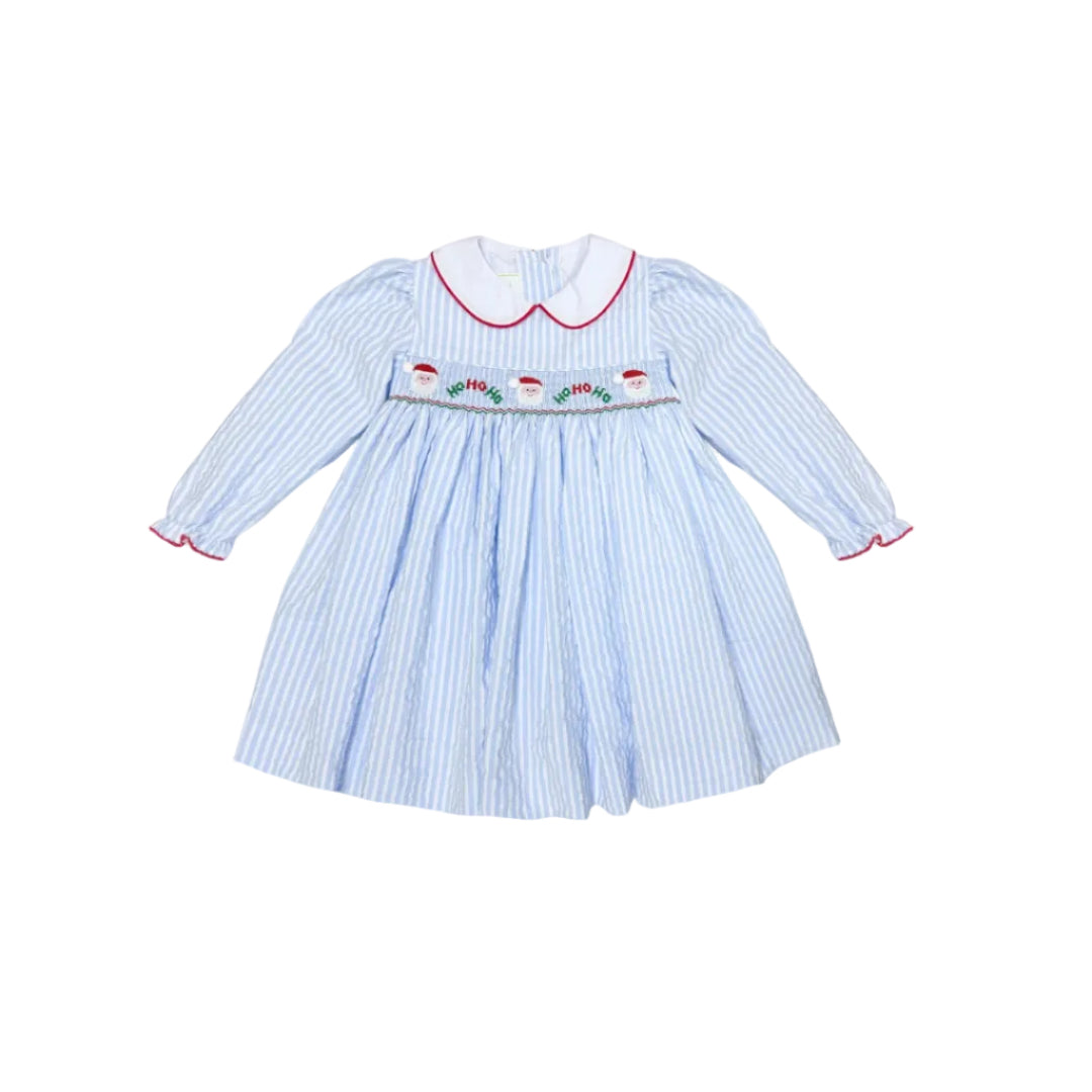 Ho Ho Ho Marion Dress, Light Blue Pinstripe