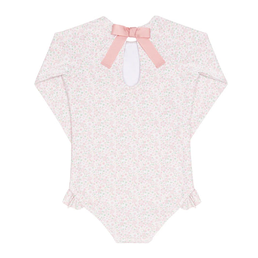 Girls Antique Floral Ruffle Sleeve Rashguard One Piece