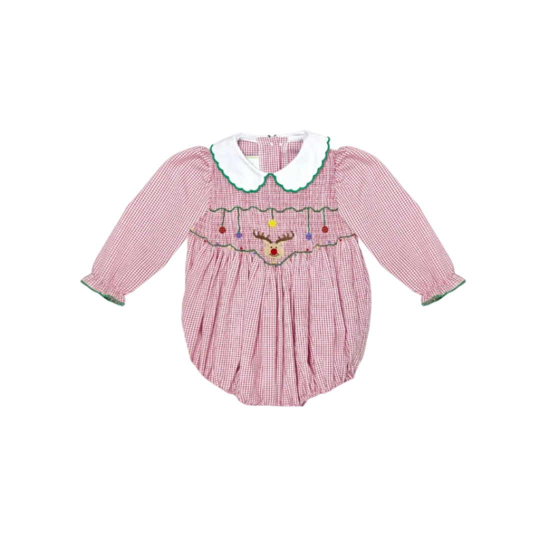 Reindeer Full Smocked Kendall Collar Bubble, Red Windowpane
