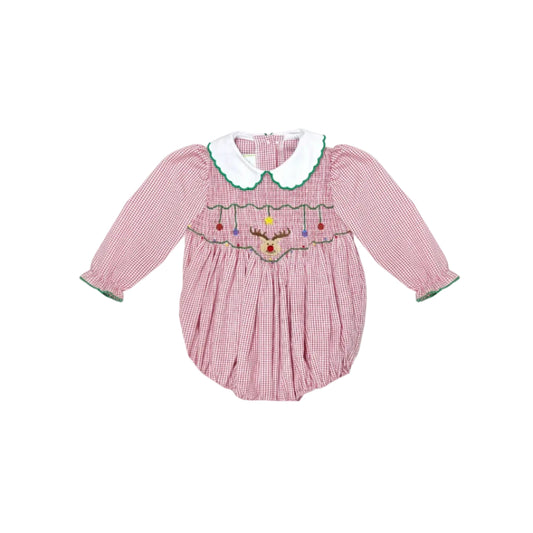 Reindeer Full Smocked Kendall Collar Bubble, Red Windowpane
