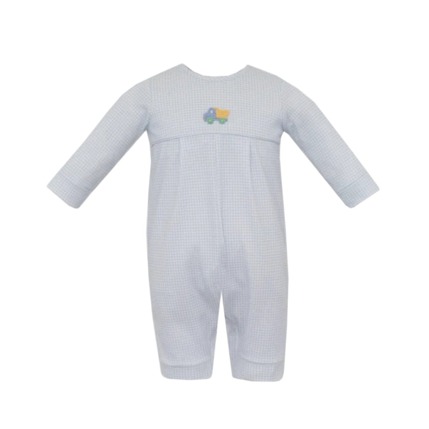 Dump Truck Light Blue Gingham Long Romper