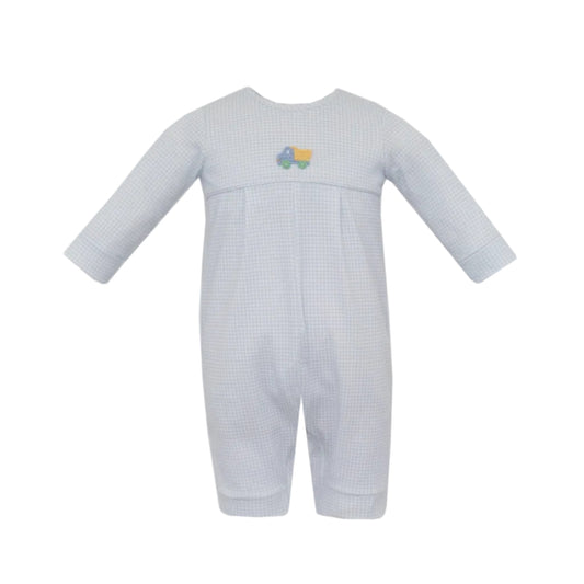 Dump Truck Light Blue Gingham Long Romper