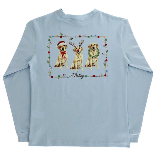 Long Sleeve Tee Christmas Labs on Light Blue