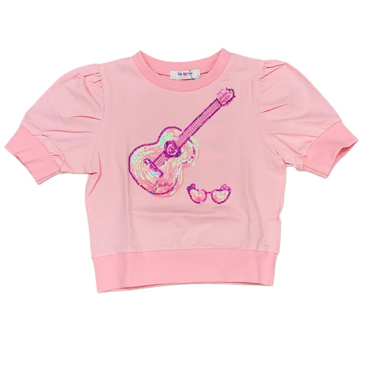 Light Pink Short Sleeve Sequin Guitar Puff Top