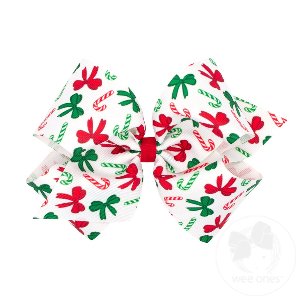 King Christmas Candy Cane Print Grosgrain Hair Bow