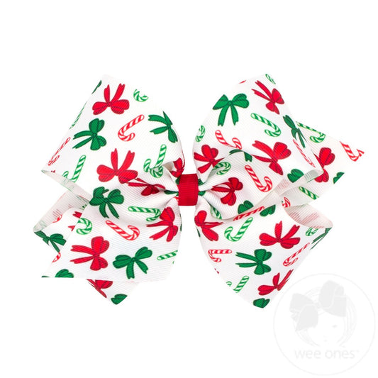 King Christmas Candy Cane Print Grosgrain Hair Bow