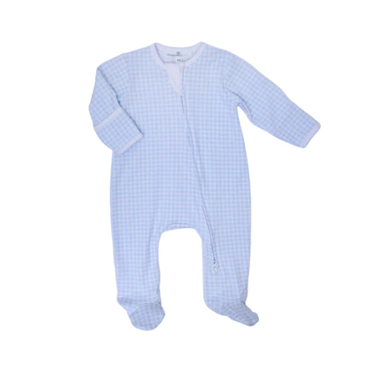 Mini Checks Zip Footie- Light Blue