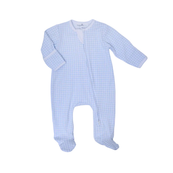 Mini Checks Zip Footie- Light Blue
