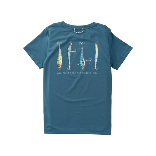 Boy's Pro Performance Short Sleeve T-shirt in Tapestry Blue with Fishing Lures