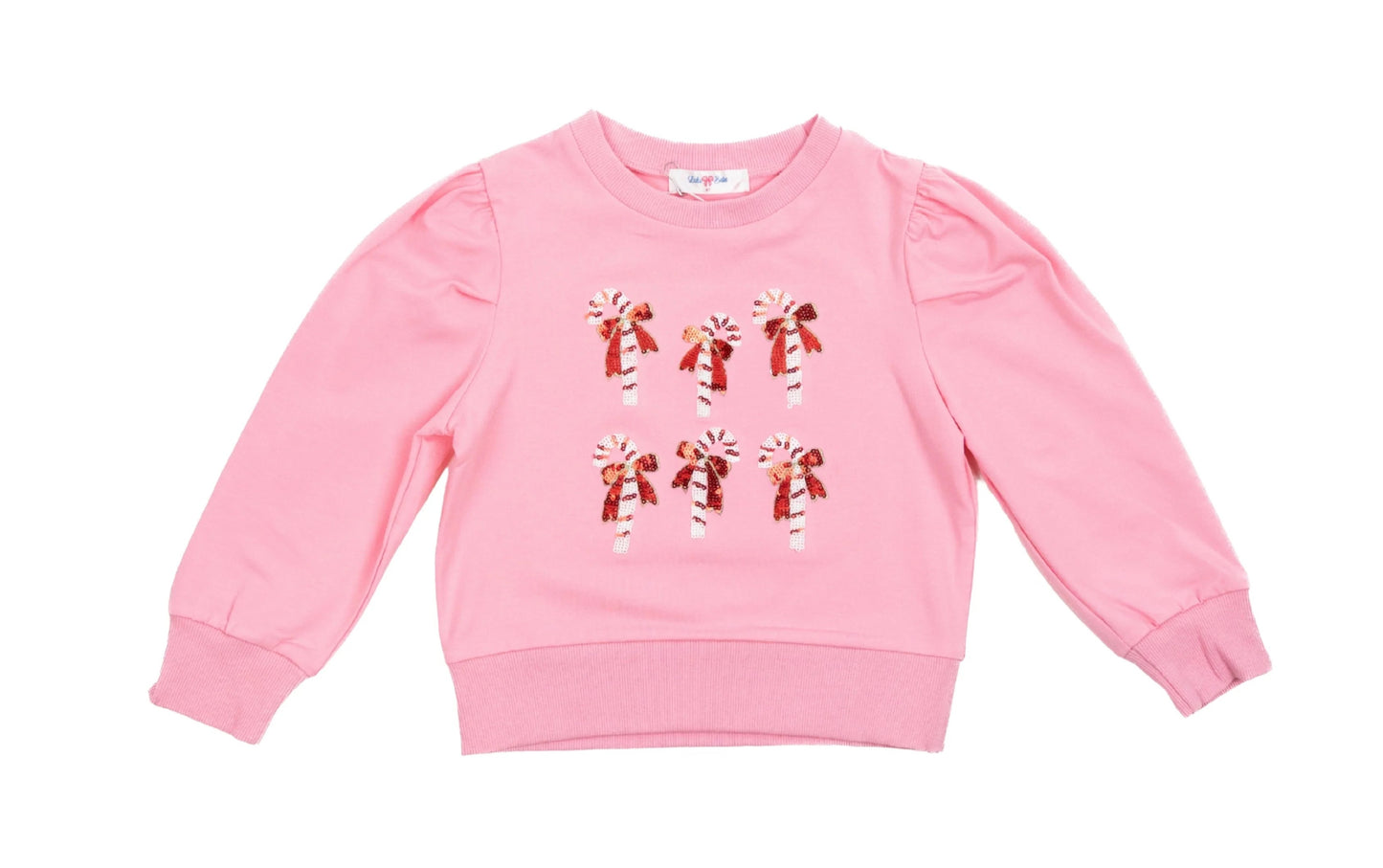 Pink Long Sleeve Sequin Candy Cane Puff Top