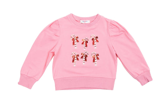 Pink Long Sleeve Sequin Candy Cane Puff Top