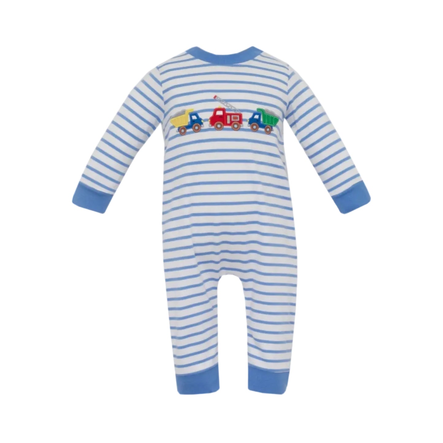 Rescue and Roadwork Trucks- Periwinkle Blue Knit Stripe Long Romper