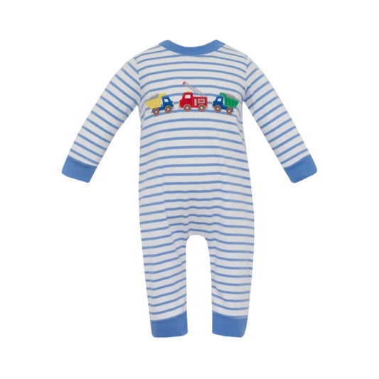 Rescue and Roadwork Trucks- Periwinkle Blue Knit Stripe Long Romper