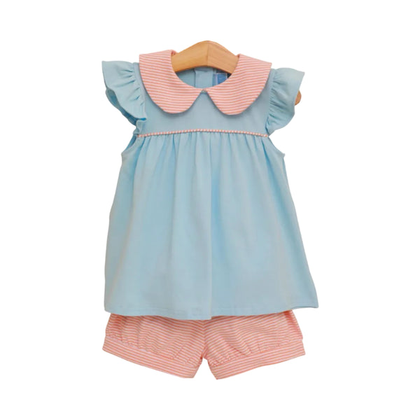Genevieve Banded Short Set- Coral Stripe/Light Blue