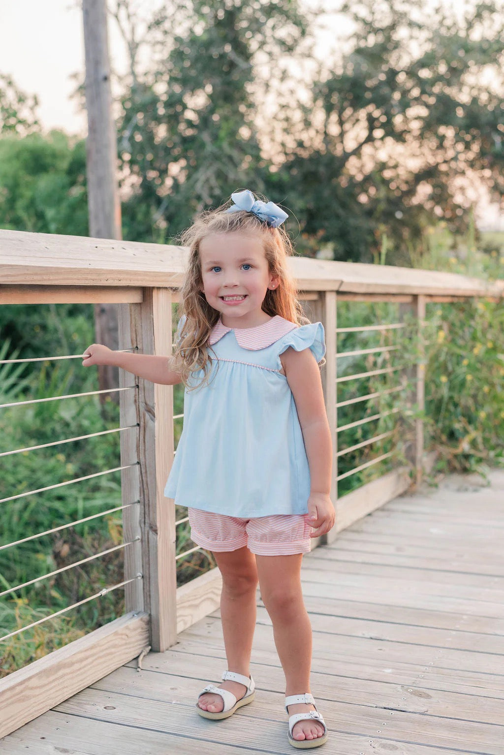 Genevieve Banded Short Set- Coral Stripe/Light Blue