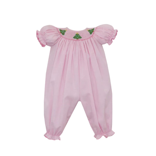 Christmas Tree Girl's Pink Microcheck Long Bishop Bubble S/S