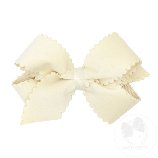 Medium Grosgrain Hair Bow with Scalloped Edge Faux Velvet Overlay Antique White