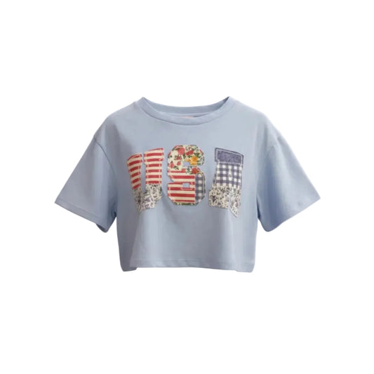 USA Patchwork Detail Cotton Short Sleeve Cropped Top