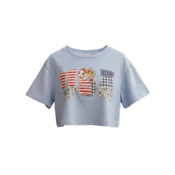 USA Patchwork Detail Cotton Short Sleeve Cropped Top
