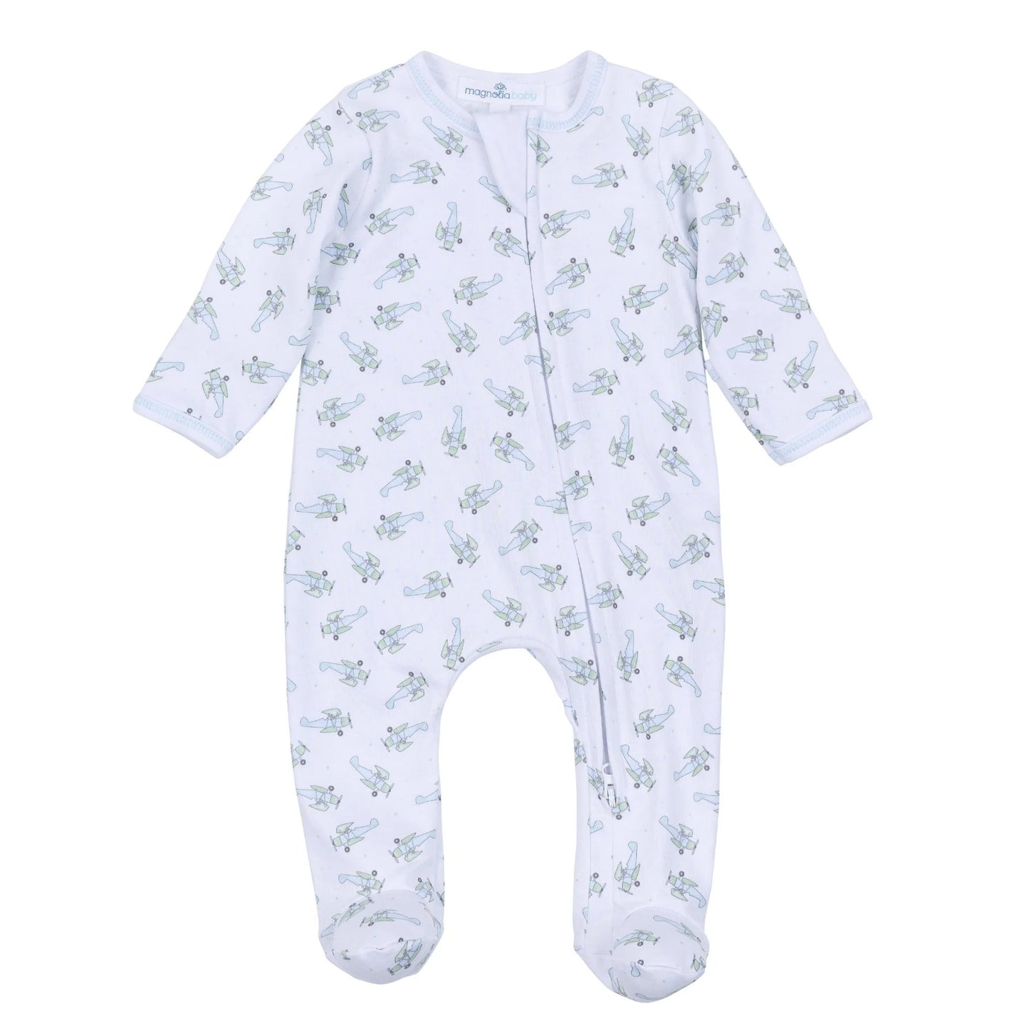 Take Flight Printed Zipper Footie Light Blue