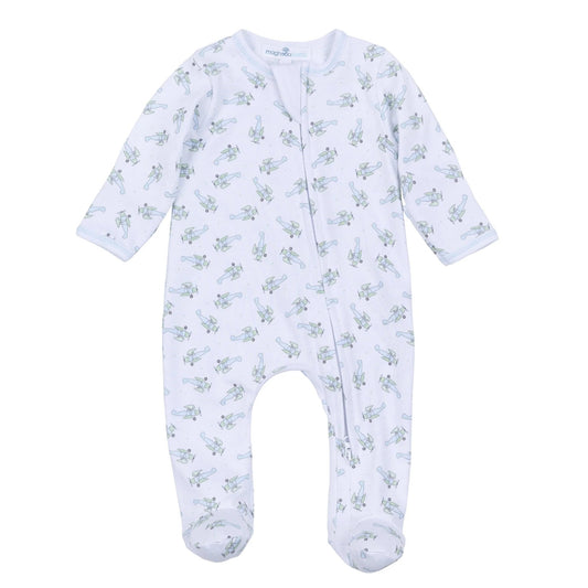 Take Flight Printed Zipper Footie Light Blue