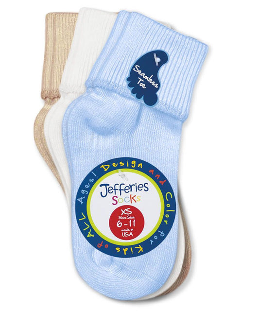 Jefferies Socks Smooth Toe Turn Cuff Socks 3 Pair Pack (White/Tan/Light Blue)