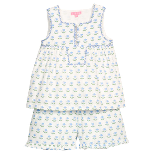 Shirred Ruffle Shorts- Blue Tulip Block Print