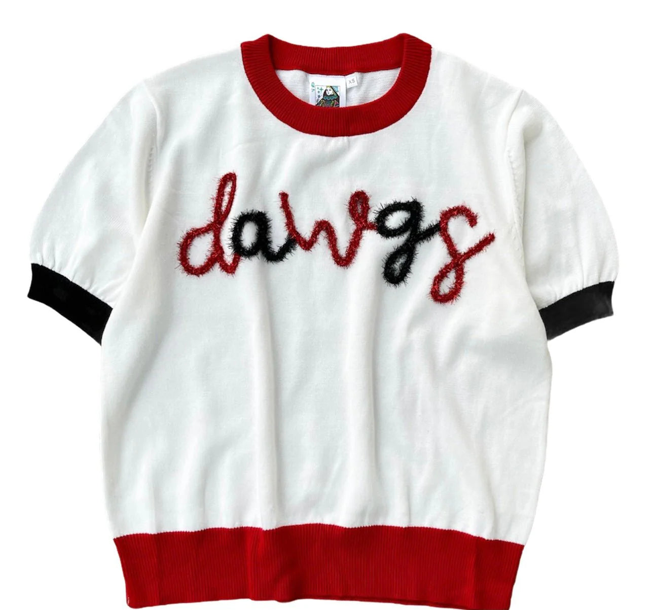 Kids "Dawgs" Short Sleeve Glitter Script Sweater White/Red/Black