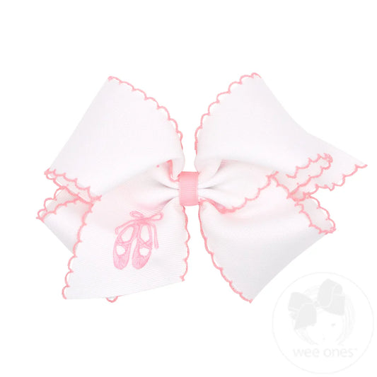 King Grosgrain Hair Bow with Pink Moonstitch Edge and Ballet Slippers Embroidery