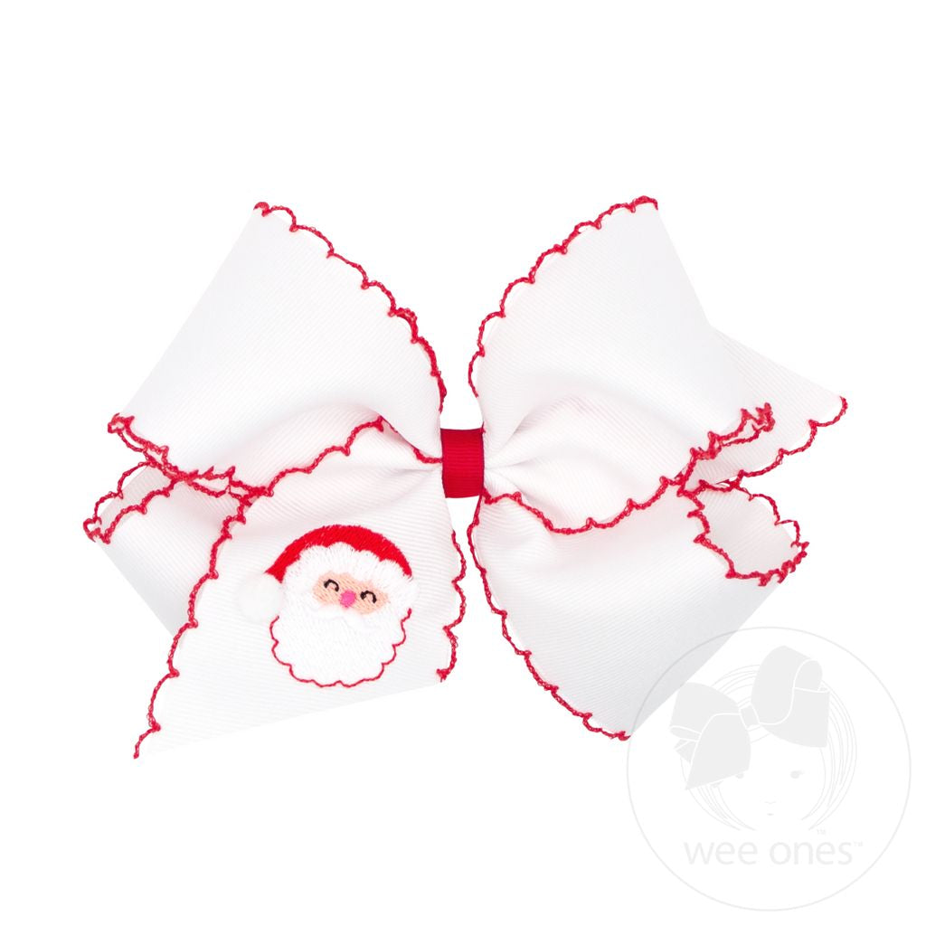 King Grosgrain Hair bow with Moonstitch Edge and Santa Claus Holiday-themed Embroidery