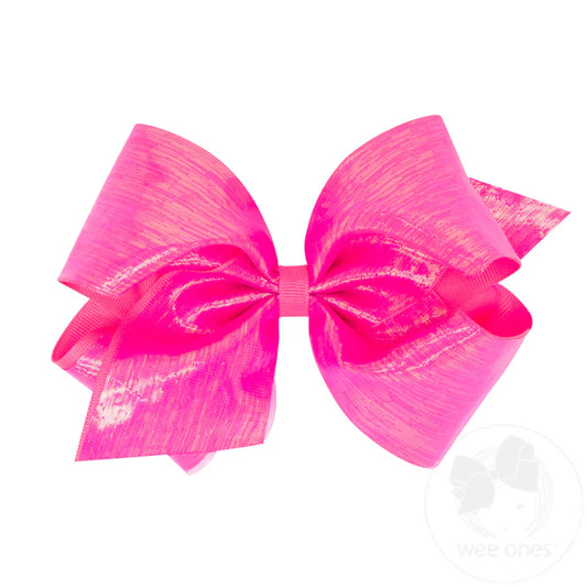 King Sheer Iridescent and Grosgrain Overlay Hair Bow Hot Pink