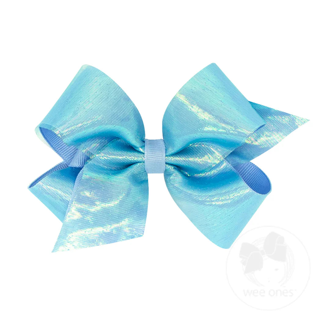 King Sheer Iridescent and Grosgrain Overlay Hair Bow Millennium Blue