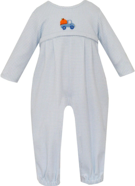 Light Blue Gingham Boy Long Romper Long Sleeve Pumpkin