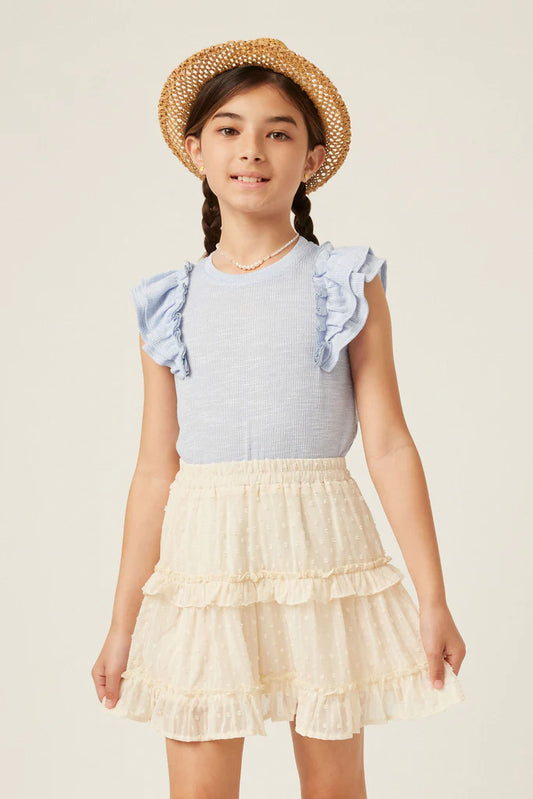 Marled Textured Ruffle Knit Tank Blue