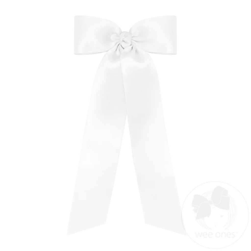 Medium French Satin Hair Bowtie with Knot Wrap and Streamer Tails White